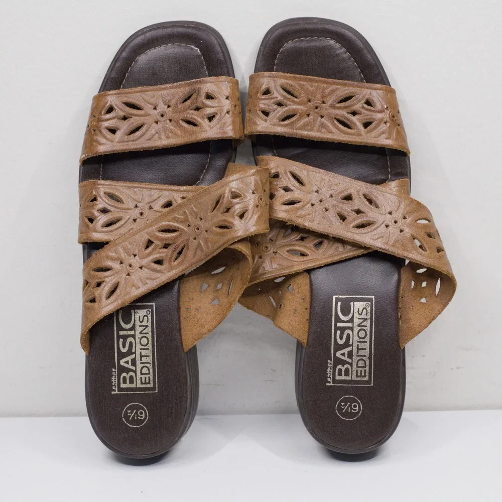 BASIC‎ EDITIONS VTG 90s Leather Cutout Floral Slide Sandals Boho Brown Sz 6.5